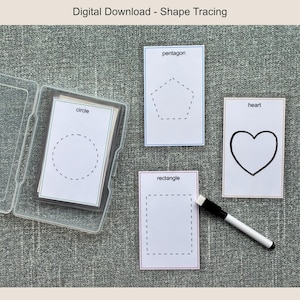 May include: Shape tracing digital download. The image shows a set of shape tracing cards with a circle, pentagon, rectangle, and heart. A dry-erase marker is next to the cards. The cards are in a clear plastic case. The text "Digital Download - Shape Tracing" is at the top.