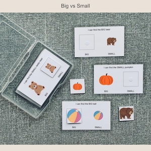 May include: Educational game featuring cards with illustrations of objects in different sizes. The cards include a teddy bear, pumpkin, and ball, with the words "Big" and "Small" to help children learn size comparison. The game is designed to teach size concepts.