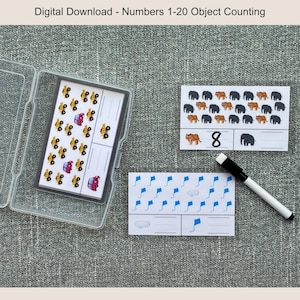 May include: A clear plastic case containing number counting cards with illustrations of bees, cars, and other objects. Two additional cards show illustrations of elephants, tigers, and kites. A dry-erase marker is also present. The text "Digital Download - Numbers 1-20 Object Counting" is at the top.