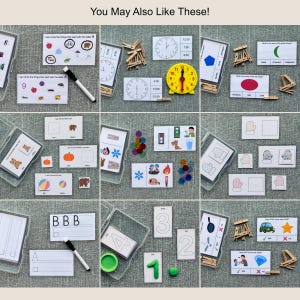 May include: Educational learning cards and activities for children. Includes cards with letters, numbers, shapes, and matching games. A yellow clock and wooden clothespins are also visible. The text "You May Also Like These!" is at the top.