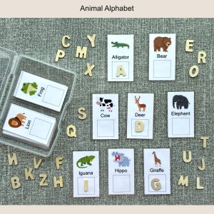 May include: An educational Animal Alphabet set featuring white rectangular cards with animal illustrations and names, including Alligator, Bear, Cow, Deer, Elephant, Iguana, Hippo, and Giraffe. Wooden alphabet letters are scattered around the cards.