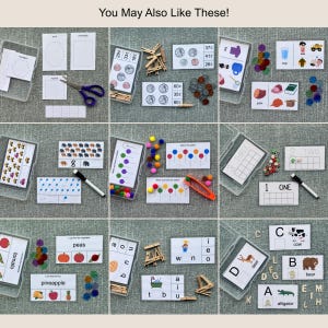 May include: A collection of educational materials, including flashcards, shapes, and counting activities. The image features various learning tools, such as scissors, clothespins, and colorful pom-poms, designed for early childhood education. The text "You May Also Like These!" is visible.