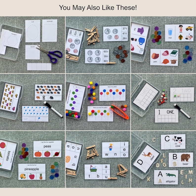 May include: A collection of educational materials, including flashcards, shapes, and counting activities. The image features various learning tools, such as scissors, clothespins, and colorful pom-poms, designed for early childhood education. The text "You May Also Like These!" is visible.