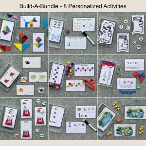 May include: A Build-A-Bundle set of 8 personalized educational activities featuring various learning cards, colorful geometric shapes, small plastic counters, math equation cards, dry-erase markers, and small plastic manipulatives for counting and sorting.