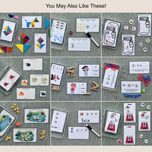 May include: Educational learning materials for children, including cards with illustrations, numbers, and words. The image shows various sets of cards, including math problems, vocabulary, and matching games, all in clear plastic cases.