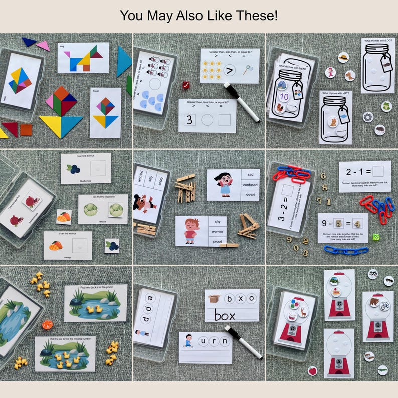 May include: Educational learning materials for children, including cards with illustrations, numbers, and words. The image shows various sets of cards, including math problems, vocabulary, and matching games, all in clear plastic cases.