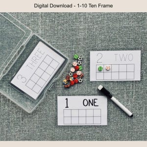 May include: A digital download of a 1-10 ten frame learning tool. The image shows cards with numbers and the word form of the numbers, along with a ten-frame grid. Small sports-themed magnets and a dry-erase marker are also included.