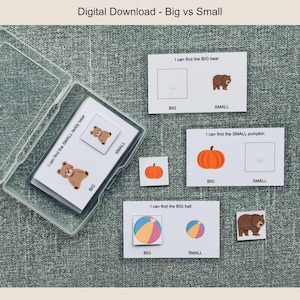 May include: A set of educational cards for a digital download, teaching the concept of 'Big vs Small'. The cards feature illustrations of a teddy bear, pumpkin, and ball, with text labels indicating size. The set includes a clear plastic case.