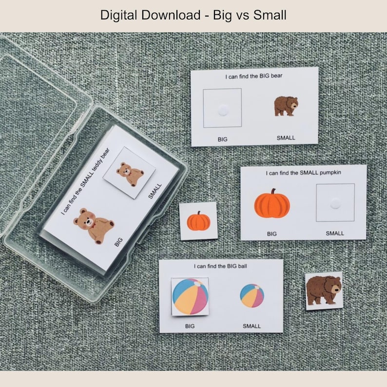 May include: A set of educational cards for a digital download, teaching the concept of 'Big vs Small'. The cards feature illustrations of a teddy bear, pumpkin, and ball, with text labels indicating size. The set includes a clear plastic case.