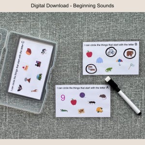 May include: Educational digital download for learning beginning sounds. Includes cards with illustrations and the text "I can circle the things that start with the letter A, B, and C." A dry-erase marker is also included.