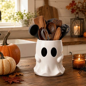 Halloween Ghost Utensil Holder | Cute Ceramic Ghost Crock | Spooky Season Gift | Fall Countertop Decor | Rustic Fall Kitchenware