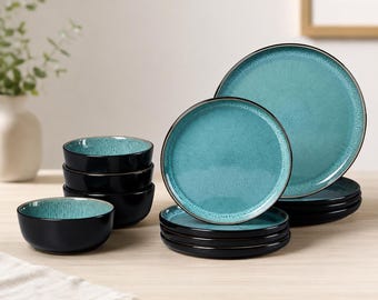 Turquoise Dinnerware Set for 4, 12 Piece Ceramic Stoneware Dinnerware Set, Plates and Bowls Set, Dishwasher & Microwave Safe