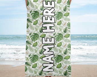 Personalized Tropical Towel, Custom Name Jungle Towel, Leaf Bath Decor, Customized Monstera Gift, Philodendron Present, Botanical Towel