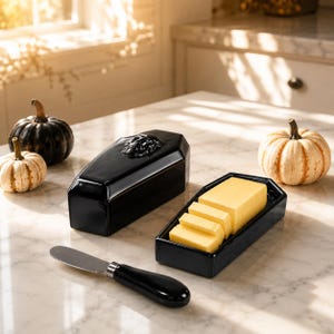 May include: A black ceramic butter dish shaped like a coffin with a sculpted skull on the lid. The set includes a matching black-handled butter knife and a rectangular base containing four sliced pieces of yellow butter, all with a glossy finish.