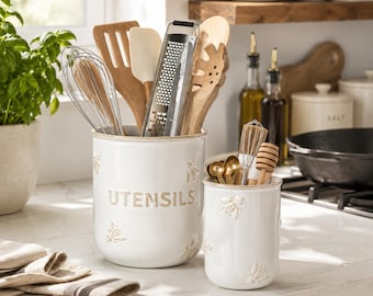 Large Pottery Utensil Holder, Set of 2 Ceramic Spoon Holder, Ceramic Utensil Crock, Bee Utensil Holder, Farmhouse Countertop Organizer