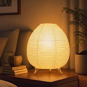 Bedside Rice Paper, Minimalist Nightstand Lamp | Iron Base | E14 LED Bulb, Knob Switch, Compact