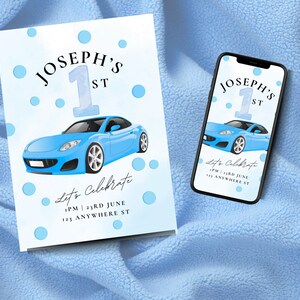 May include: A light blue birthday invitation and a smartphone displaying the same design. The invitation and phone screen feature a blue sports car illustration, the text "Joseph's 1st", and "Let's Celebrate" with event details.