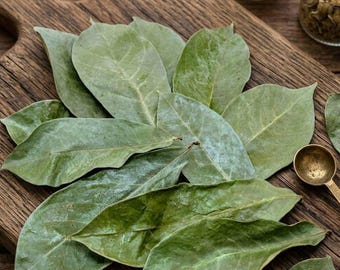May include: Close-up of several green leaves with visible veins, arranged on a rustic wooden surface. A small, gold-colored spoon is visible in the lower right corner, along with small glass jars in the background.
