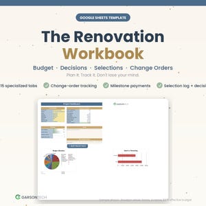 May include: A digital workbook titled "The Renovation Workbook" with the text "Google Sheets Template." The workbook includes sections for budget, decisions, selections, and change orders. It features charts and graphs, with the tagline "Plan it. Track it. Don't lose your mind."