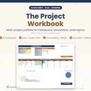 May include: A digital project workbook with the title "The Project Workbook" and the tagline "Multi-project portfolio for freelancers, consultants, small teams." The workbook includes 15 working tabs, risk and issue tracking, time tracking, and auto Gantt charts.