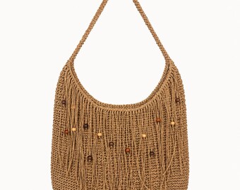 Handmade Crochet Shoulder Bag, Boho Fringe Tote Bag, Reversible Woven Purse, Large Everyday Beach Bag, Gift for Her