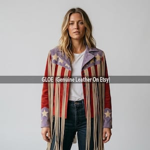 Women USA Flag Western Fringe Leather Jacket Red Suede Cowgirl Jacket Star Applique Boho Festival Outfit Tassel Coat Handmade Gift For Her