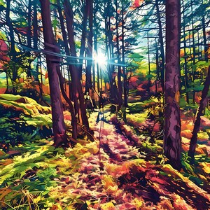 May include: An artistic depiction of a forest scene with a sunburst effect. Tall, dark tree trunks frame a path leading into the distance. The forest floor is covered in colourful foliage, with shades of yellow, orange, and red. The sun shines brightly through the trees.