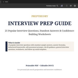 Può includere: Un documento digitale intitolato "INTERVIEW PREP GUIDE" con il logo PrepTheory. La guida include 25 domande di colloquio popolari, risposte eccezionali e fogli di lavoro. Il documento è disponibile nei formati PDF e DOCX.