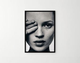 Stampa in primo piano di Kate Moss, arte murale di moda in bianco e nero, poster ritratto di supermodella, stampe fotografiche vintage, stampa di qualità museale