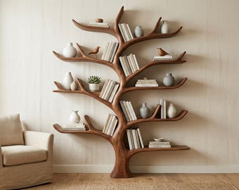 Estantería de madera con forma de árbol | Librería artesanal con forma de árbol | Estantería rústica de madera para pared | Almacenamiento de libros moderno y minimalista | Decoración única para el hogar