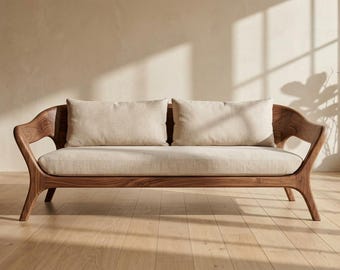 Solid Wood Sofa | Handmade Minimalist Couch | Scandinavian Style Living Room Sofa | Rustic Modern Wooden Frame Sofa | Natural Home Furniture
