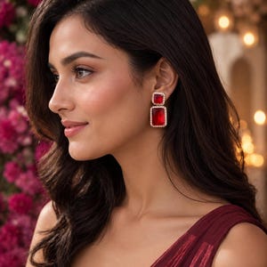 May include: A pair of drop earrings featuring two stacked rectangular red gemstones. Each stone is framed by a border of small, clear, sparkling crystals set in a metallic gold-toned setting. The earrings hang vertically from the earlobe.