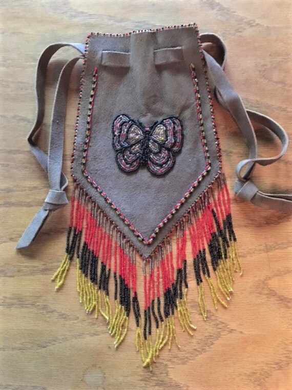 Beaded Leather Pouch Butterfly Beaded Fringe 13"