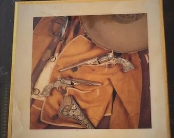 Vintage Tile Gaucho Sombrero Guns Tooled Holster Sassuolo Made in Italy 8 x 8