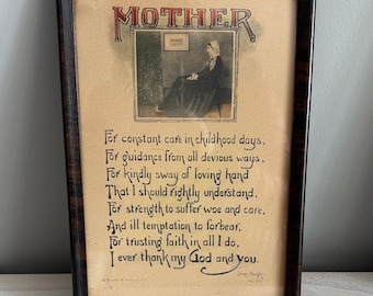 Vintage "Mother" Motto Poem 1920-30s Period with Wood Frame