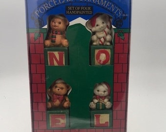VTG May Stores Animals on Blocks Spelling NOEL Porcelain Ornaments Set/4 #38867