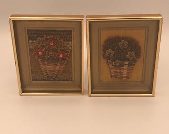 Set of 2 Vintage Framed Handmade Quilled Flowers in Woven Baskets