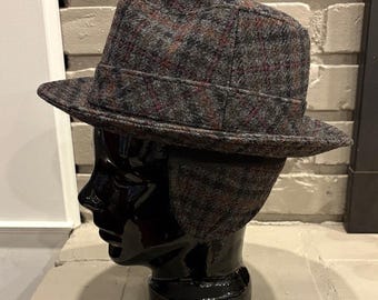 VTG German Wegener Gray & Brown Plaid Gore-Tex Fedora Hat w/Ear Flaps size 56