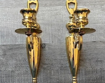 VTG Pair Lacquered EB BrassWall Sconce Candlesticks 10.25"