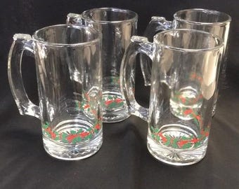 Vintage Libbey Holly & Berries bierpul/mokken set van 4 inch