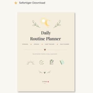 Könnte beinhalten: Ein beiger digitaler Planer mit dem Titel "Daily Routine Planner" mit Sonnen- und Mondillustrationen. Der Text enthält "Morning, Evening, Habit Tracker, Daily Planner" und "Build better habits & stay organized."