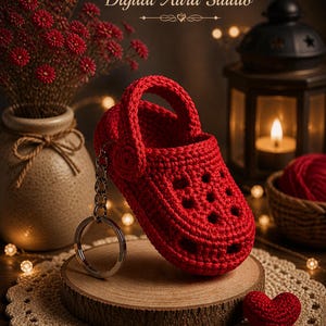 Puede incluir: Un llavero rojo con forma de zapato tejido a ganchillo, con un llavero plateado. El zapato en miniatura está sobre una rodaja de madera, junto a un corazón tejido. El fondo incluye un jarrón con flores rojas y una linterna encendida.