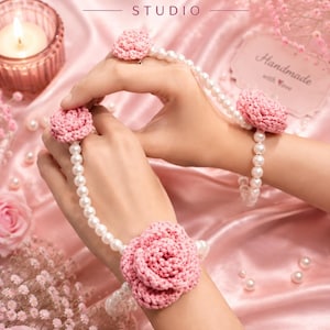 Beautiful Elegant Pink Rose & White Pearls Scrunchie Rose Lace Pearl Scrunchie For Girls | PinkBD main image 4