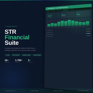 以下が含まれることがあります： 「STR Financial Suite」のテキストが入った濃い青色のグラフィック。Airbnb & VRBOホスト向けのExcelツールキットです。緑色のダッシュボードには、棒グラフやKPIなど、財務指標が表示されています。