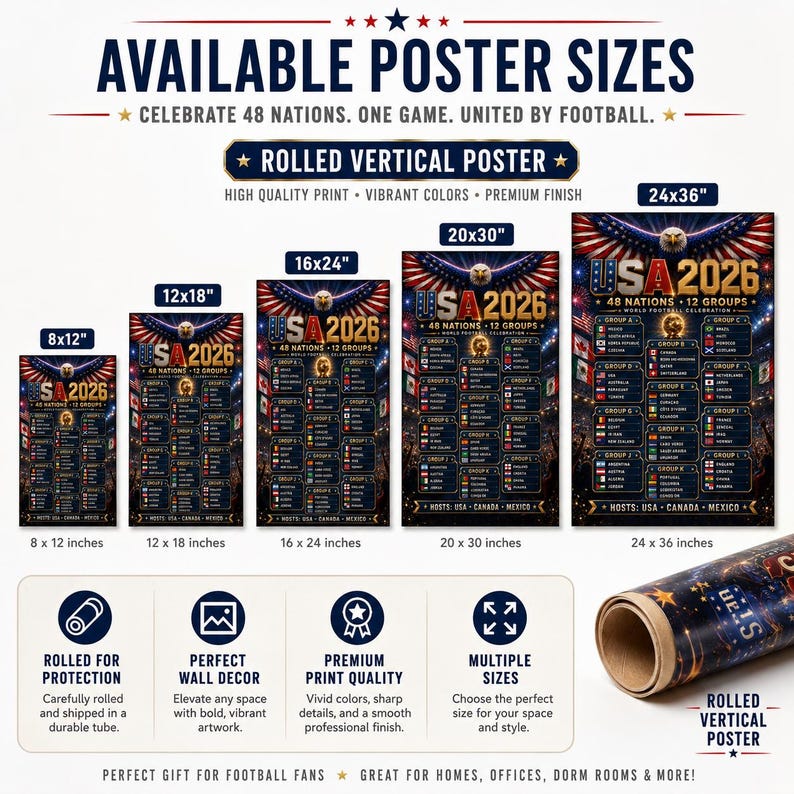 May include: A vertical poster featuring USA 2026 football tournament graphics with an eagle, flags, and group listings. Available in sizes 8x12, 12x18, 16x24, 20x30, and 24x36 inches. The poster is shown both flat in various sizes and as a rolled print.