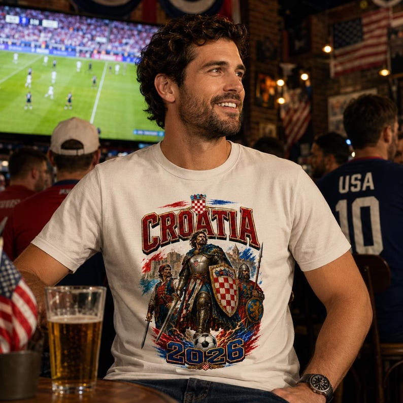 May include: White t-shirt with a Croatia soccer design. The graphic features the word "Croatia" in red and white, a knight, and the year "2026". The shirt is worn by a person in a bar setting, with a soccer game on a TV in the background.