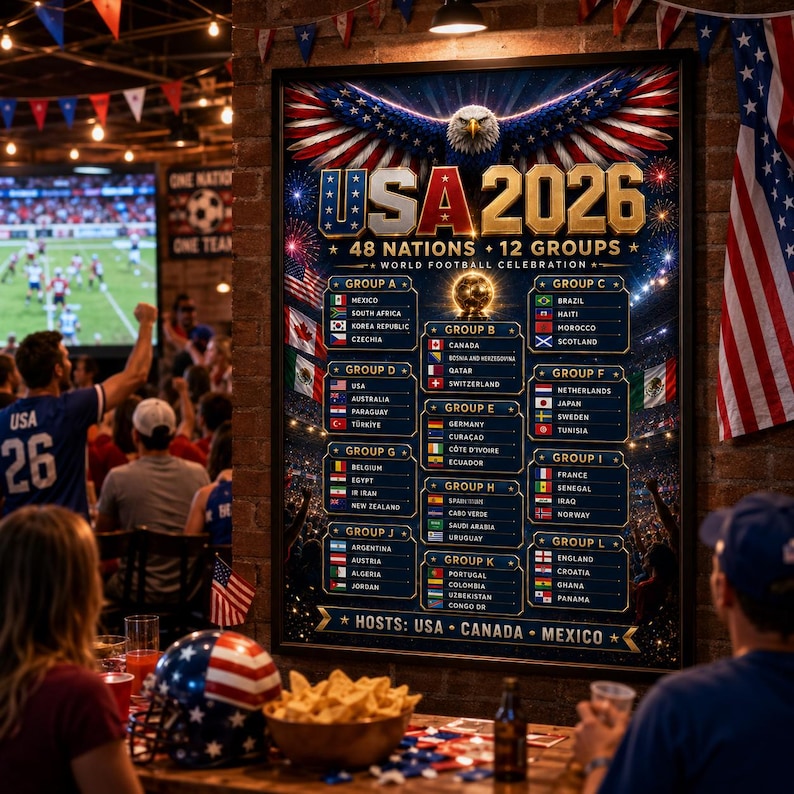 May include: A framed poster titled USA 2026 World Football Celebration featuring a bald eagle graphic, the text 48 NATIONS 12 GROUPS, and a list of countries organized into groups A through L, with the host nations USA, CANADA, and MEXICO listed below.