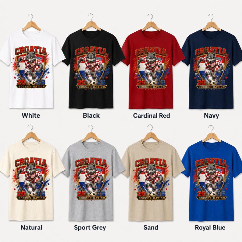 May include: A collection of eight short-sleeved t-shirts in white, black, cardinal red, navy, natural, sport grey, sand, and royal blue. Each shirt features a graphic of a wolf in a red and white chequered jersey playing football with the text Croatia 2026.