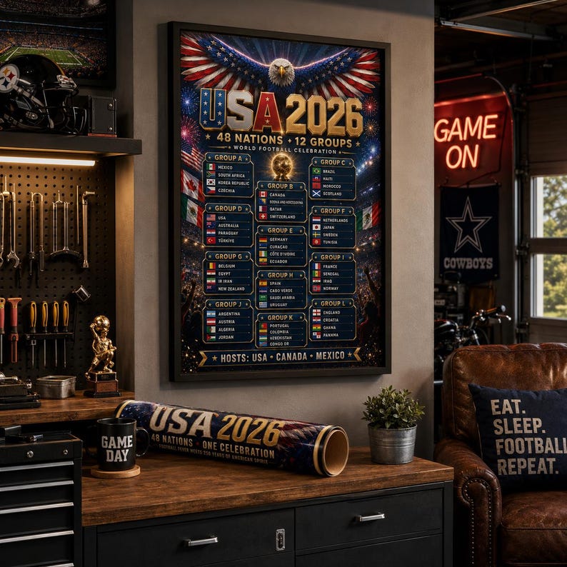 May include: A framed poster titled USA 2026 World Football Celebration featuring an eagle, a list of 48 nations divided into 12 groups, and the text Hosts: USA Canada Mexico. Below, a rolled print displays the text USA 2026 48 Nations One Celebration.