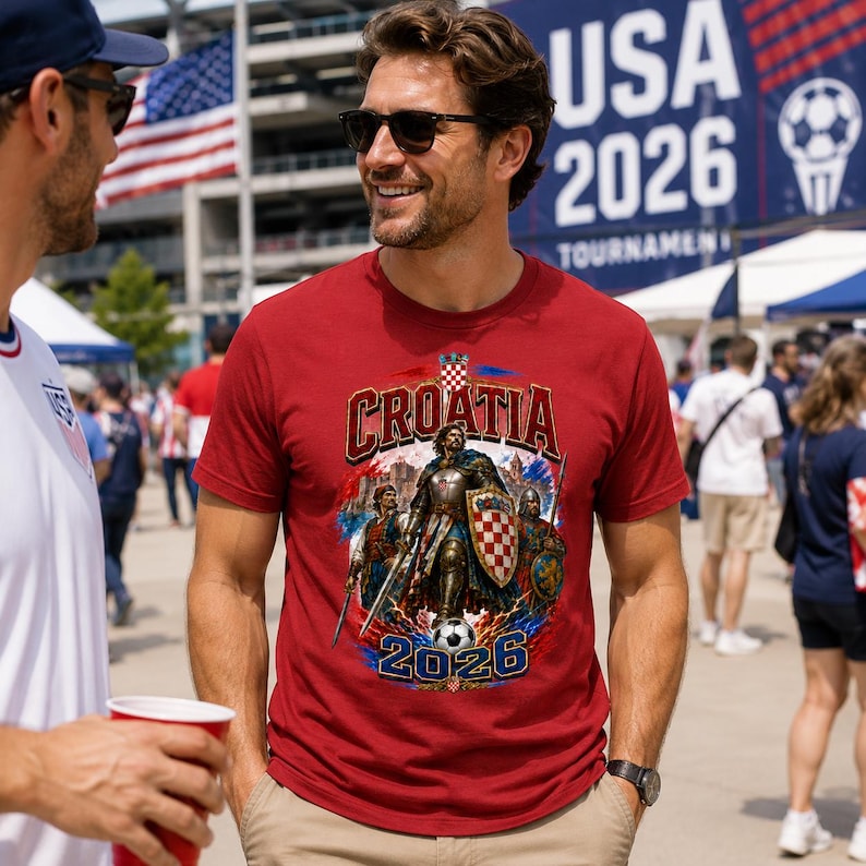 May include: A red t-shirt with a graphic featuring the word "Croatia" in gold lettering, a knight in armor, and the year "2026". The shirt is being worn by a person in sunglasses, with a crowd and an American flag in the background.